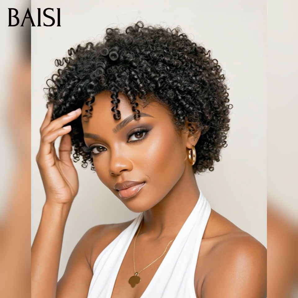 Parrucche BAISI Afro Pixie senza colla ricce all over nere in capelli umani al 100%.
