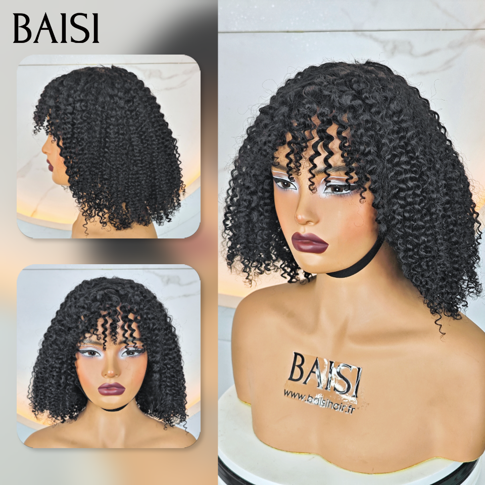 BAISI  Perruque BOB curly Wave avec Frange petite coupe fabriqué à la machine 10 Pouce promo 70€ En 100% Cheveux Humains