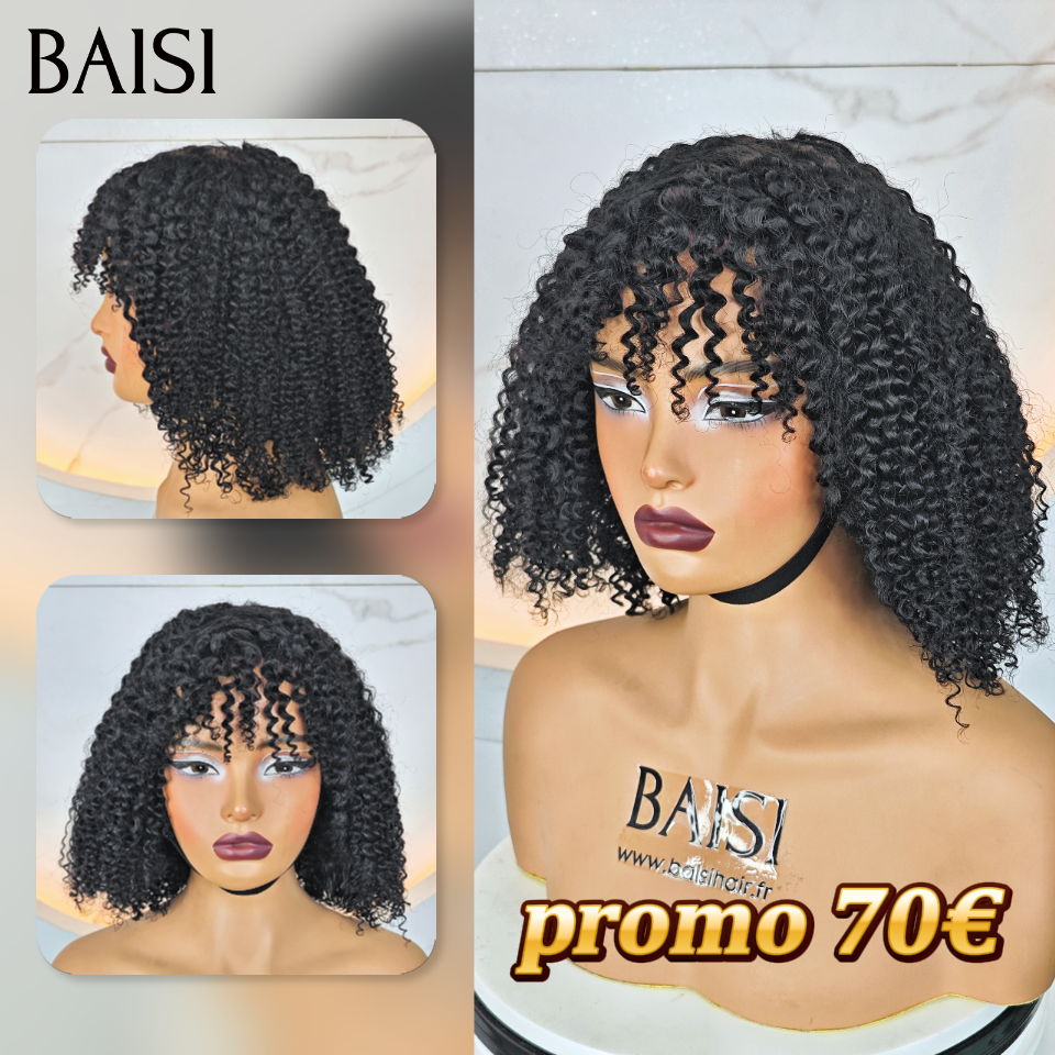 BAISI  Perruque BOB curly Wave avec Frange petite coupe fabriqué à la machine 10 Pouce promo 70€ En 100% Cheveux Humains