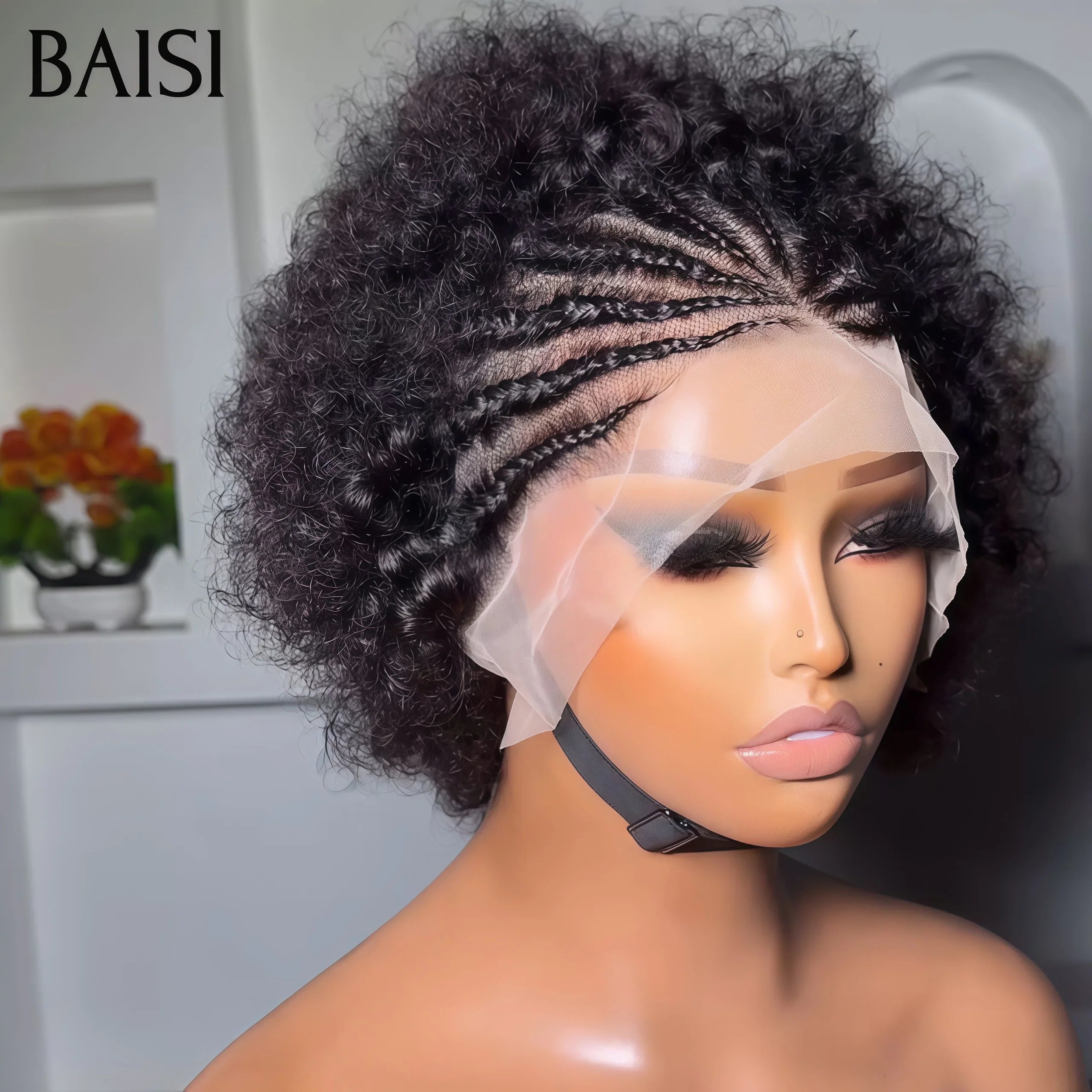 BAISI 13X4 lace perruque afro curl wave Petite natte frisé frontale lace  100% cheveux humains BS60