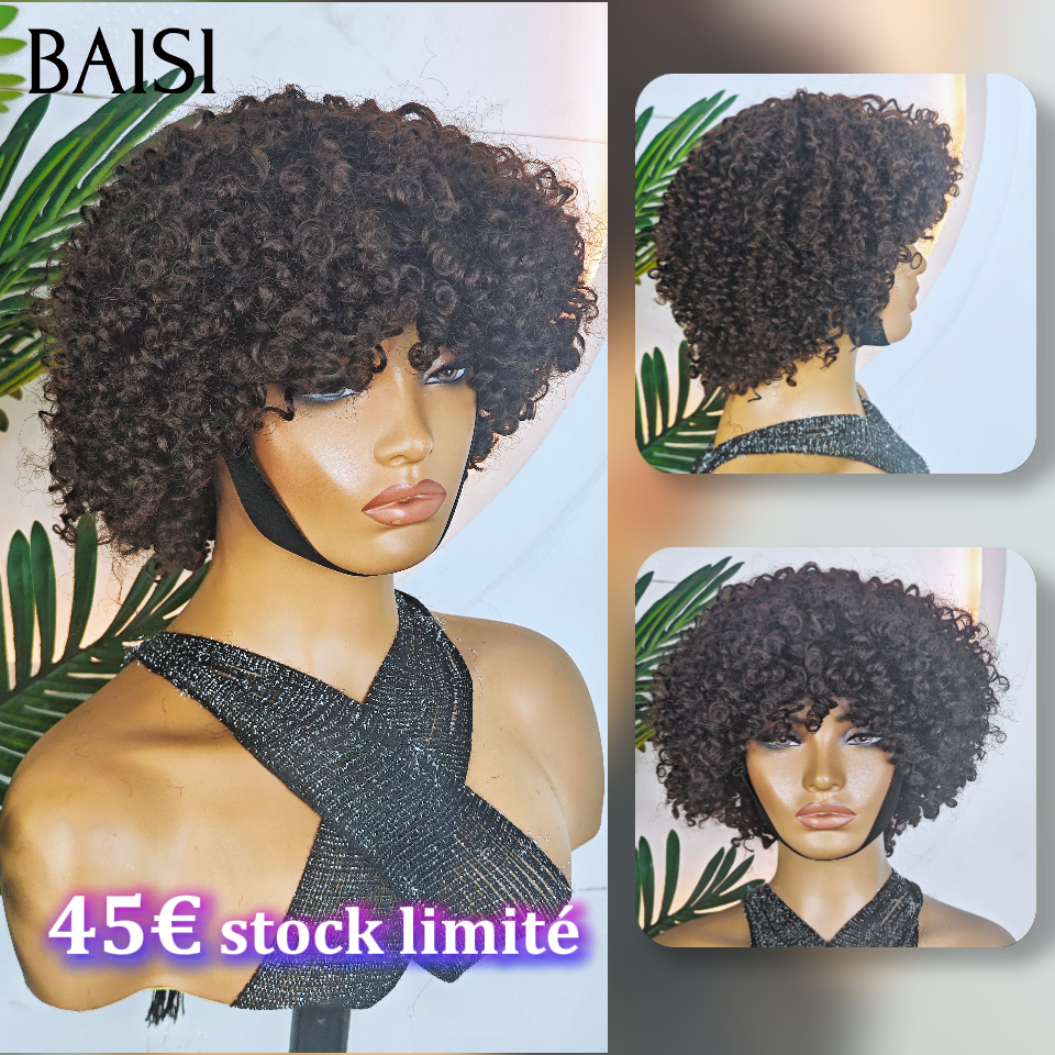 BAISI  Perruque pixie 45€ curly Wave avec Frange petite coupe fabriqué à la machine En 100% Cheveux Humains