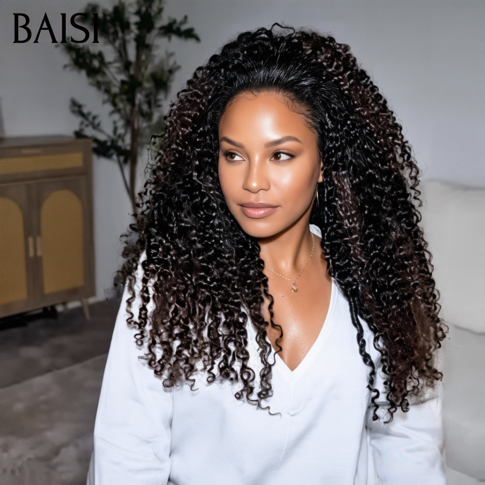 BAISI perruque Upgrade Invisible Strap 360 lace curly wave en couleur NOIR Mixte Marron 360 invisible Pas Besoin de Colle 250% densité Respirant et confortable en 100% Raw Hair Lace déjà couper