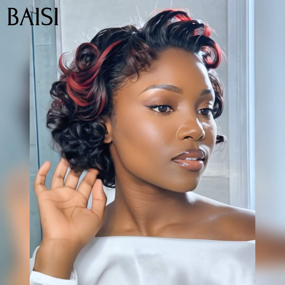 BAISI Perruque Pixie bouclé jolie coupe 52€ Moitié Prix NOIR Mixte Bordeaux 99J# En 100% Vrais Cheveux Humains MP50