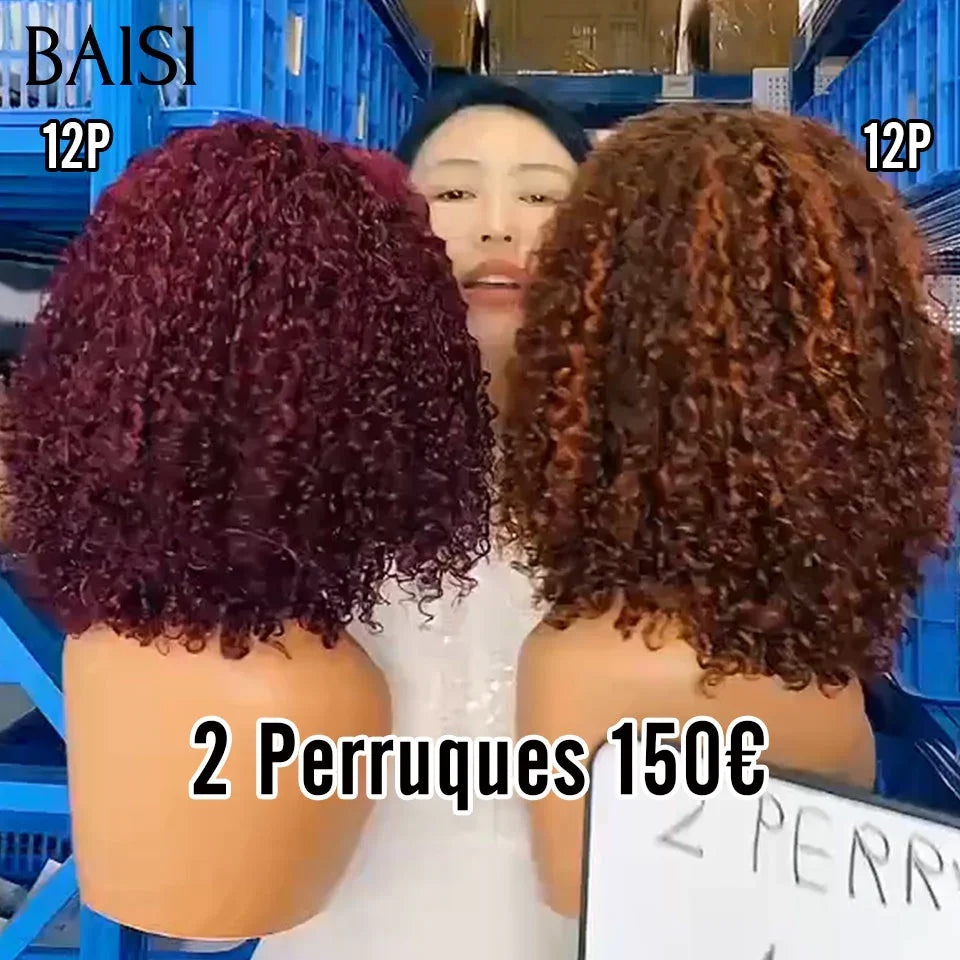BAISI  2 Perruques pour revendre 150€ 4X4 lace Bob curly wave 12 pouces couleur 99J# et 4/350# en 100% vrais cheveux humains BS65