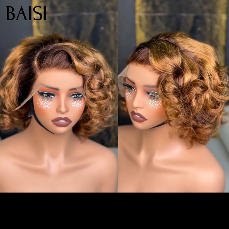 Promotion 13x4 lace frontal Perruque boucle egg wave 10 Pouce 68€ BOB en couleur Marron 4T30# en 100% Cheveux Humains