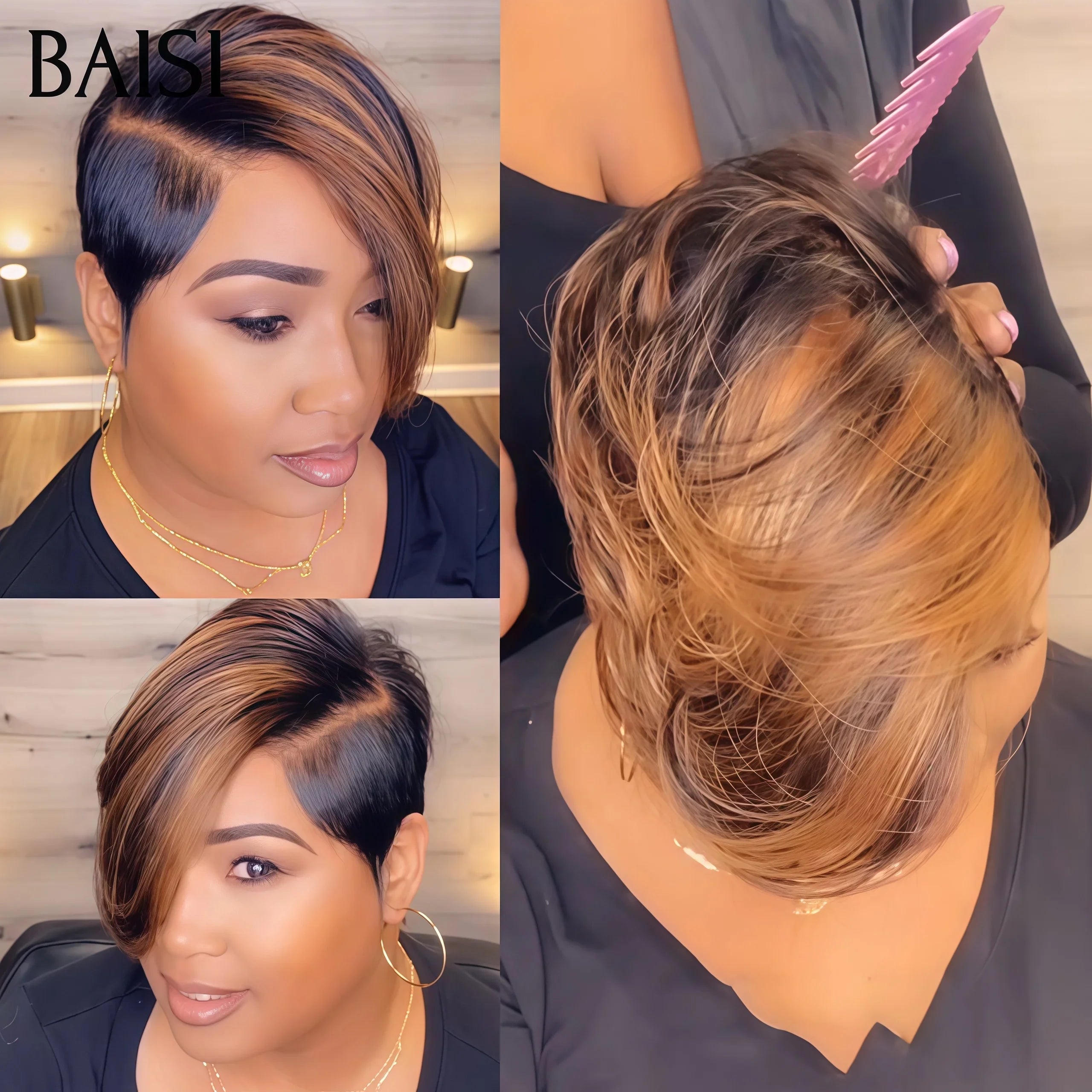 BAISI Perruque Full Lace 100% Cheveux Naturels Full Lace 139€ moitié prix Perruque Pixie Lisse en Couleur NOIR Mixte miel en 100% cheveux humains MP50