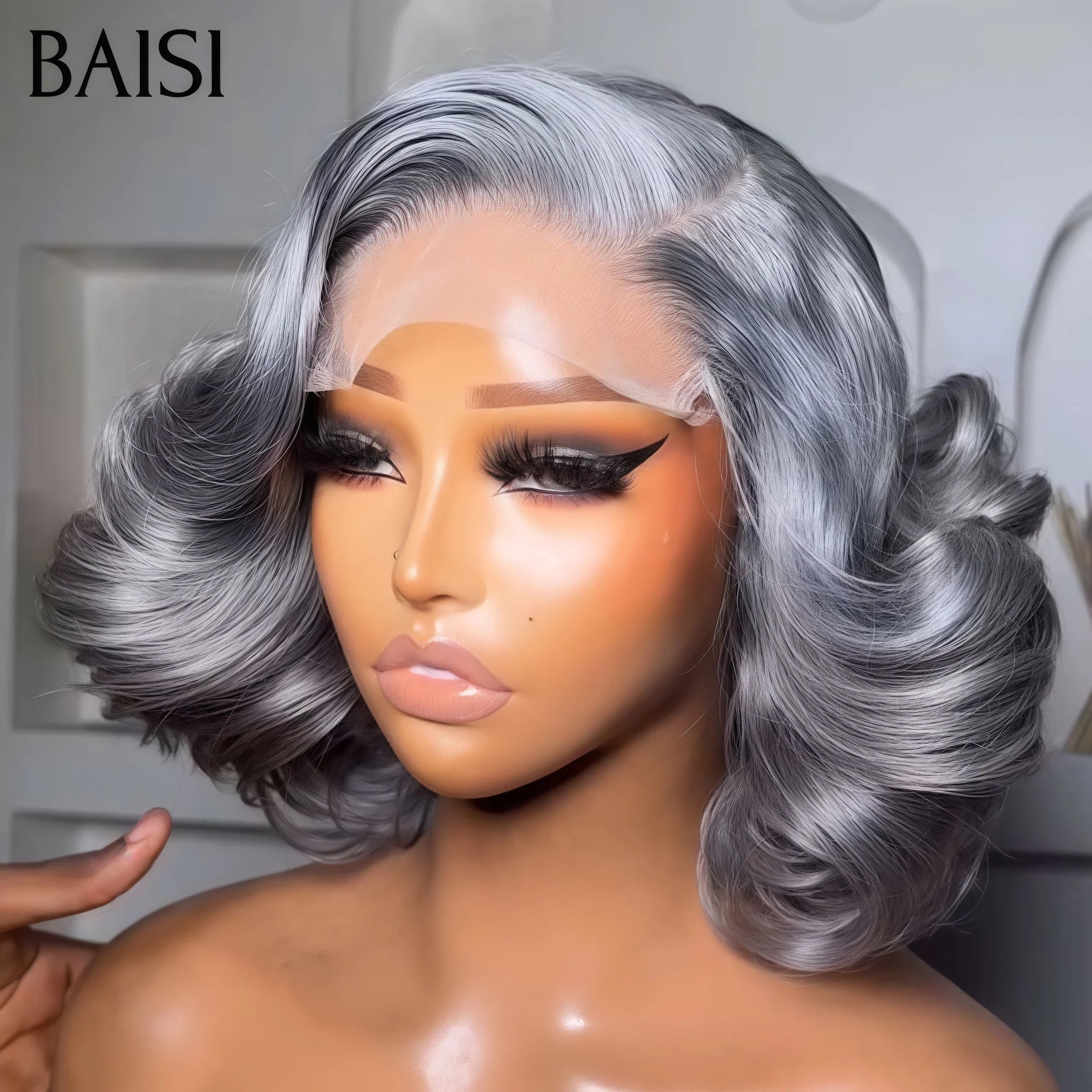 BAISI Collection Poivre et Sel 13X4 lace Perruque Pixie Bouclée Wave Couleurs personnalisées gris comme la video en 100% Cheveux Humains