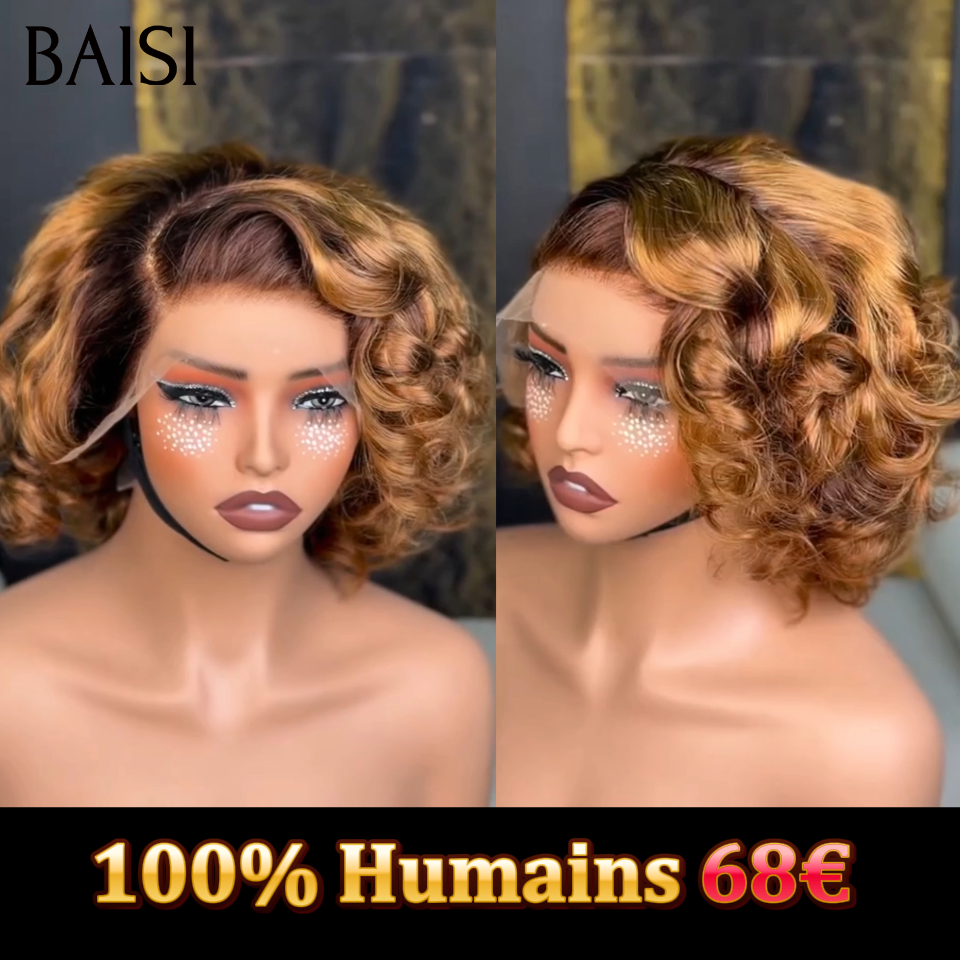 Promotion 13x4 lace frontal Perruque boucle egg wave 10 Pouce 68€ BOB en couleur Marron 4T30# en 100% Cheveux Humains