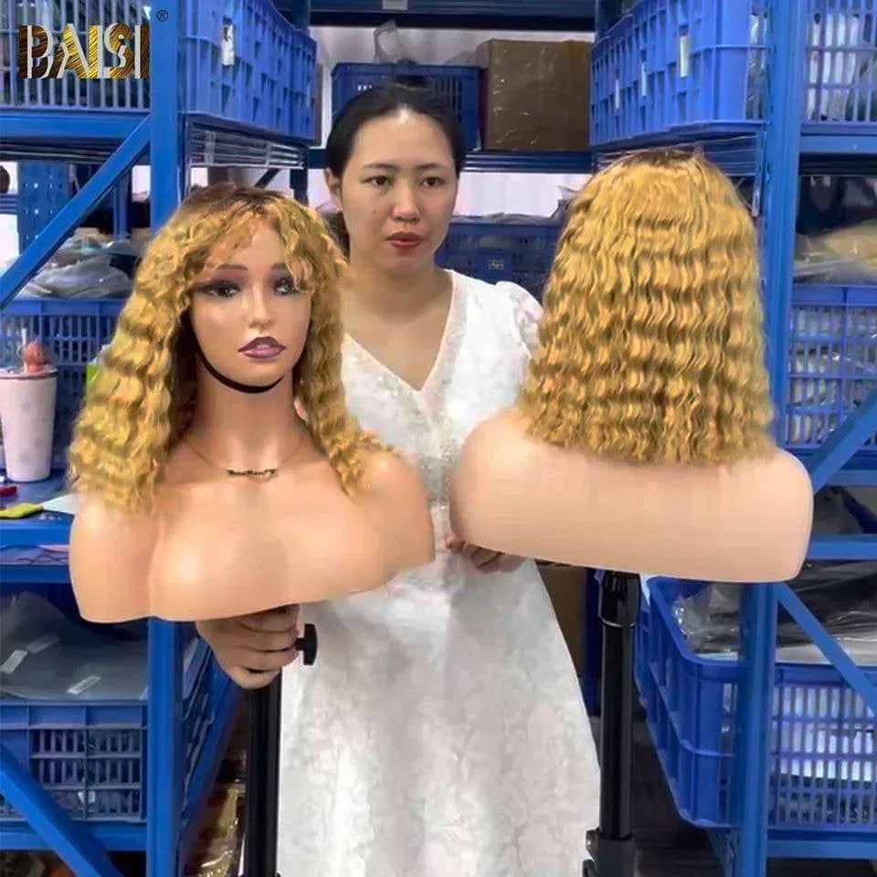 BAISI  4x4 lace closure water wave Bob 14 Pouces 100€ ou Perruque Bouclée Deep Wave avec Frange 12 Pouces en Couleur  #4T#27 en 100% Cheveux Humains