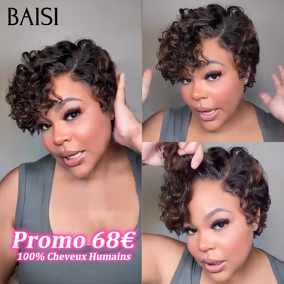 Promotion pixie 13x4 lace frontal Perruque boucle 8 Pouce 68€ BOB en couleur mixte Marron en 100% Cheveux Humains