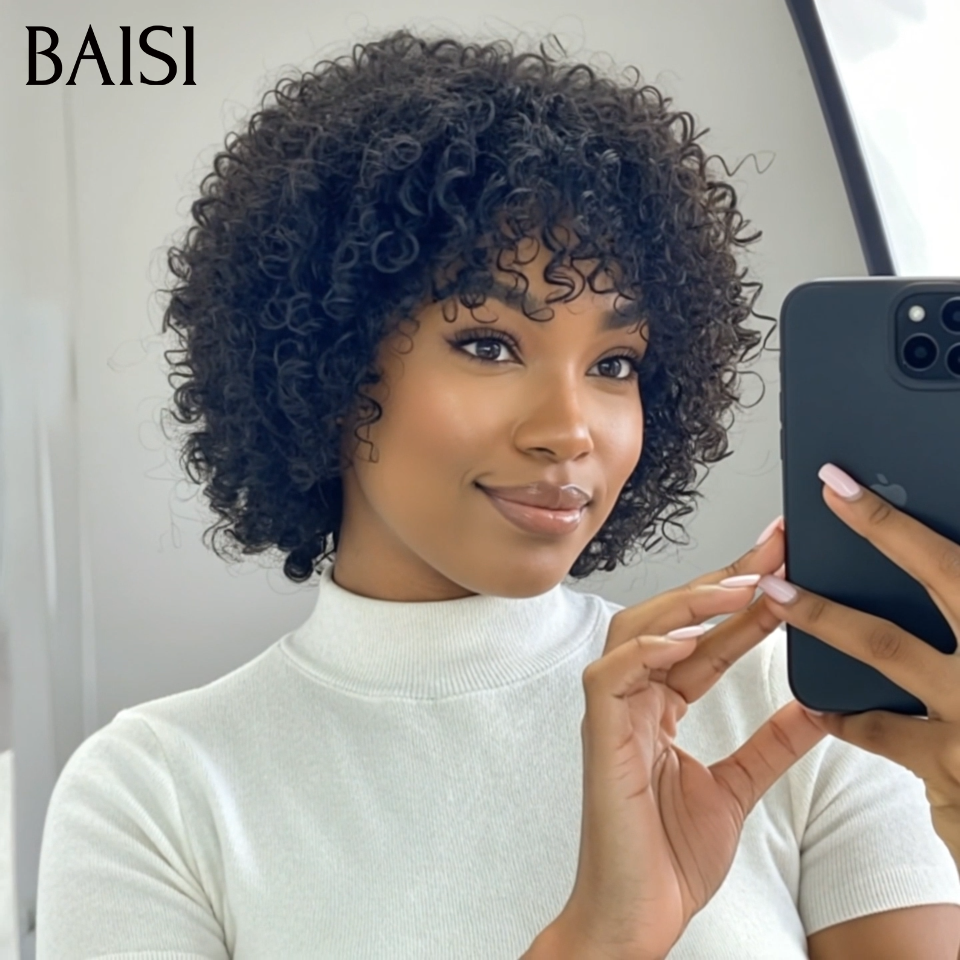 BAISI Prix Perruque Pixie Afro Curl sans lace bouclé partout Noir en 100% cheveux humains