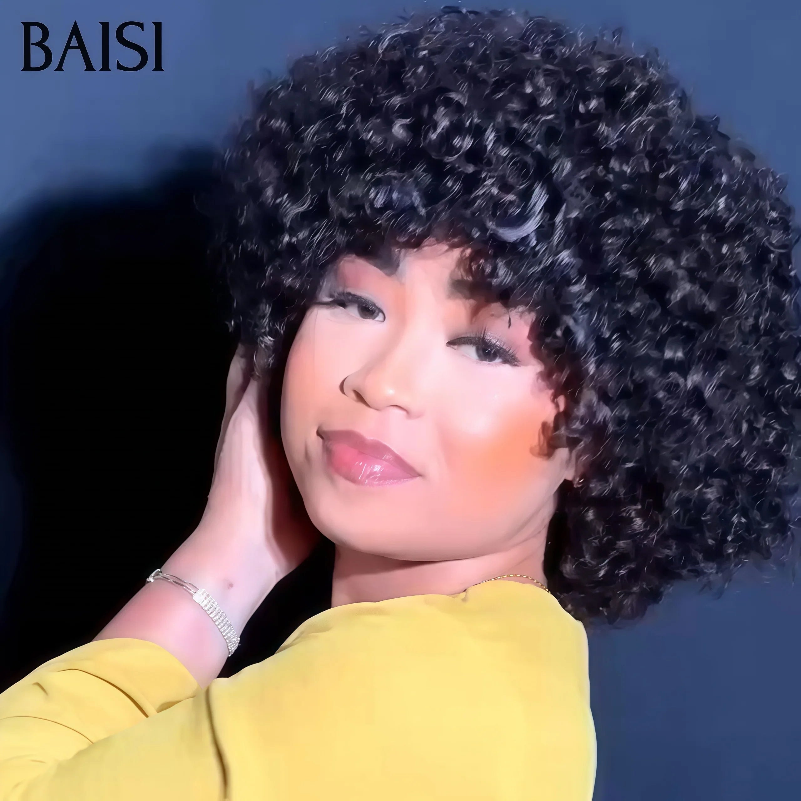 BAISI bob afro curly 45€ black without glue without lace in 100% Human Hair machine made FR38