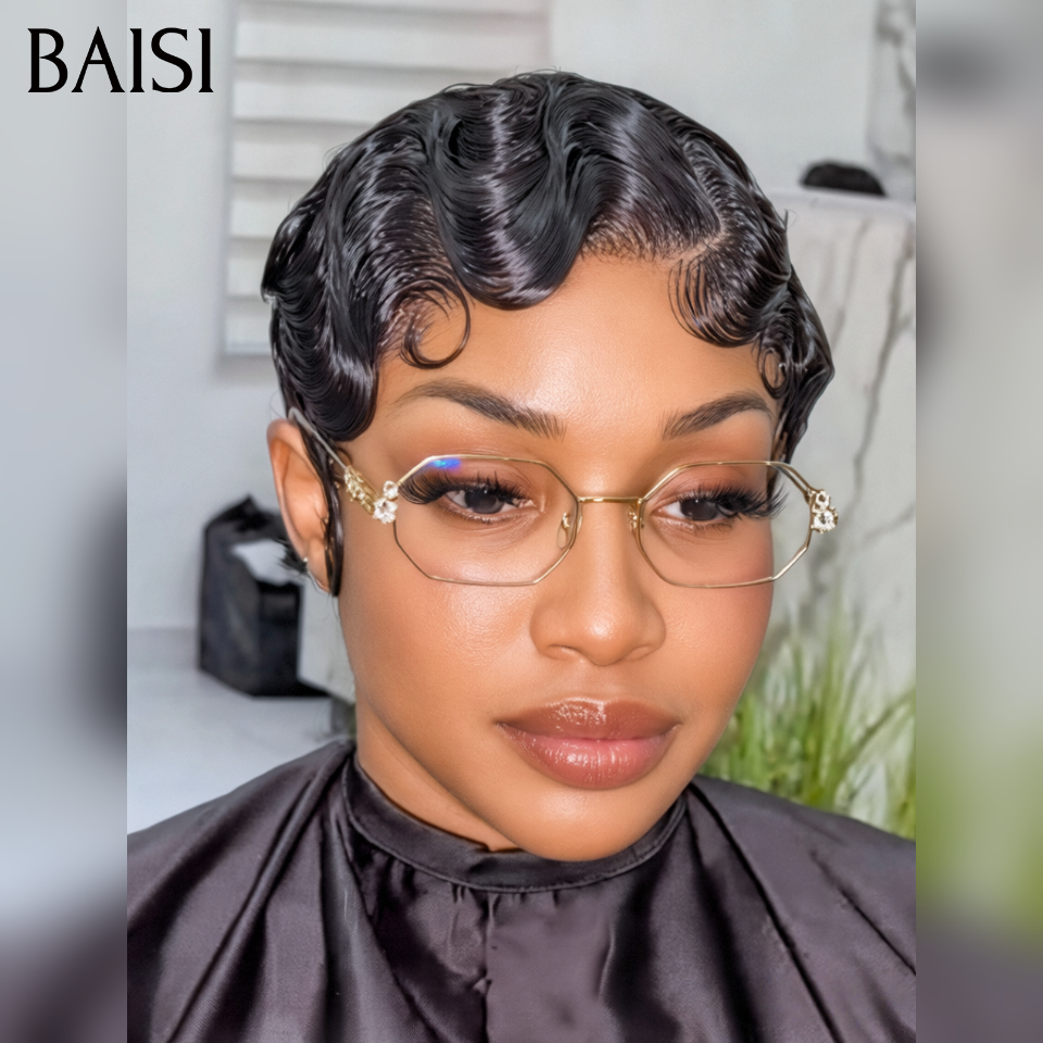 BAISI Perruque Pixie sans colle en couleur Noir water wave 46€ fabriqué à la machine ou 13x4 lace frontale 66€ en 100% cheveux humains