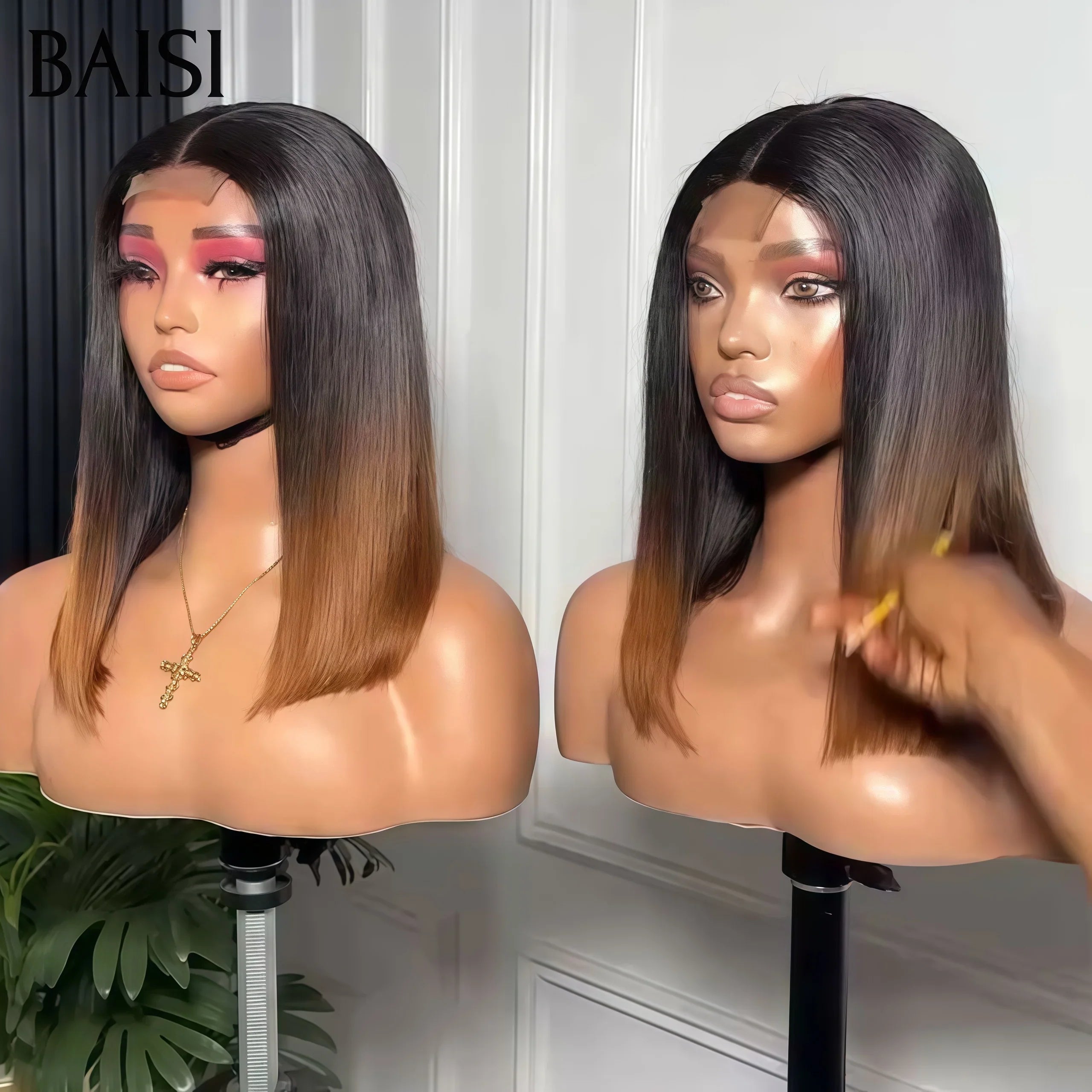 BAISI 2X6 perruque SDD BONE Straight 100% Vietnam Hair Lisse Bob Haute Qualité 250% Densité en couleur  Marron 1BT4# en 100% Cheveux Humains MP50