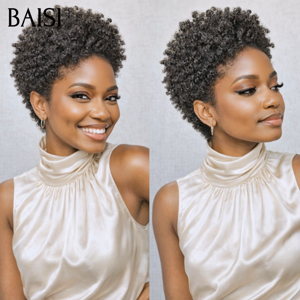 BAISI pixie afro curly perruque PROMO 40€ sans colle Sans lace NOIR en 100% Cheveux Humains