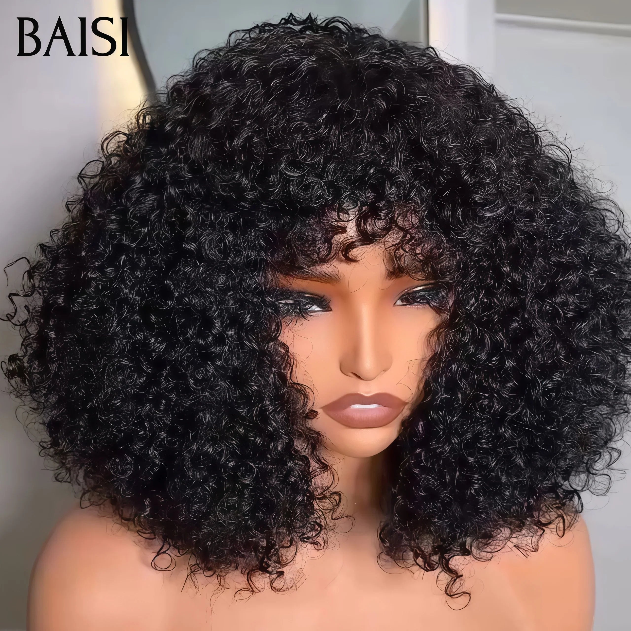 BAISI  Perruque PROMO Afro curly Wave avec Frange en Couleur noir sans colle En 100% Vrais Cheveux Humais FR38