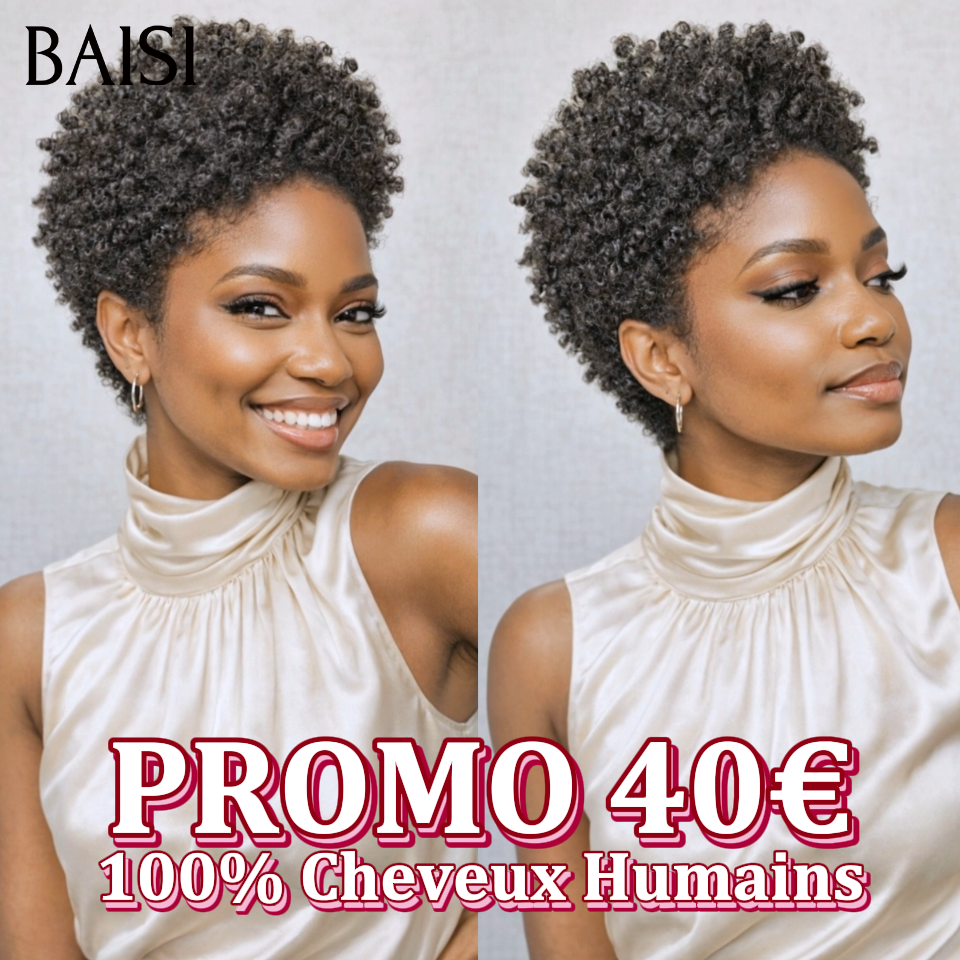 BAISI pixie afro curly perruque PROMO 40€ sans colle Sans lace NOIR en 100% Cheveux Humains
