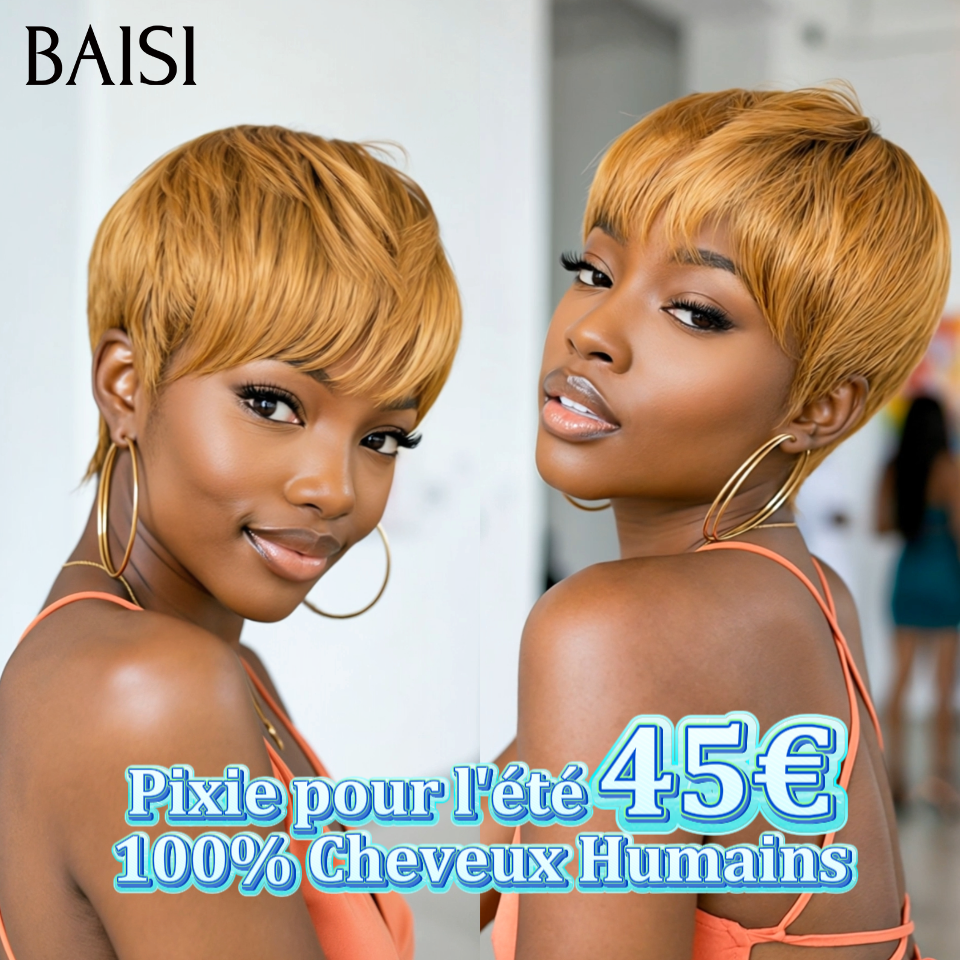 BAISI pixie perruque PROMO 45€ sans colle Sans lace Lisse Miel 4T30#  en 100% Cheveux Humains