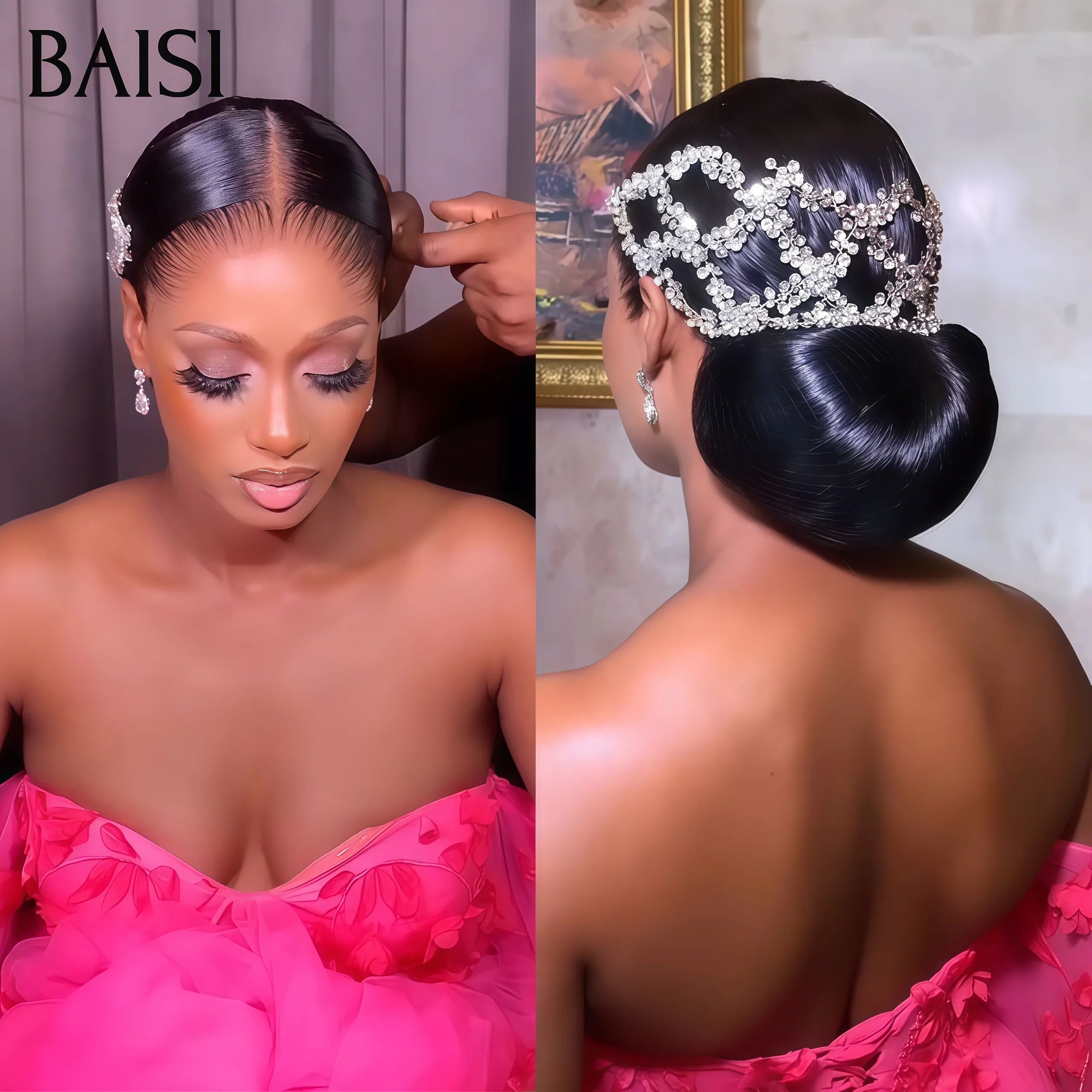 BAISI Coiffure de luxe Yuri  Perruques Mariage noir Prête à porter chignon et personalisation comme sur la vidéo 100% identique avec lace frontale événement spécial BS120