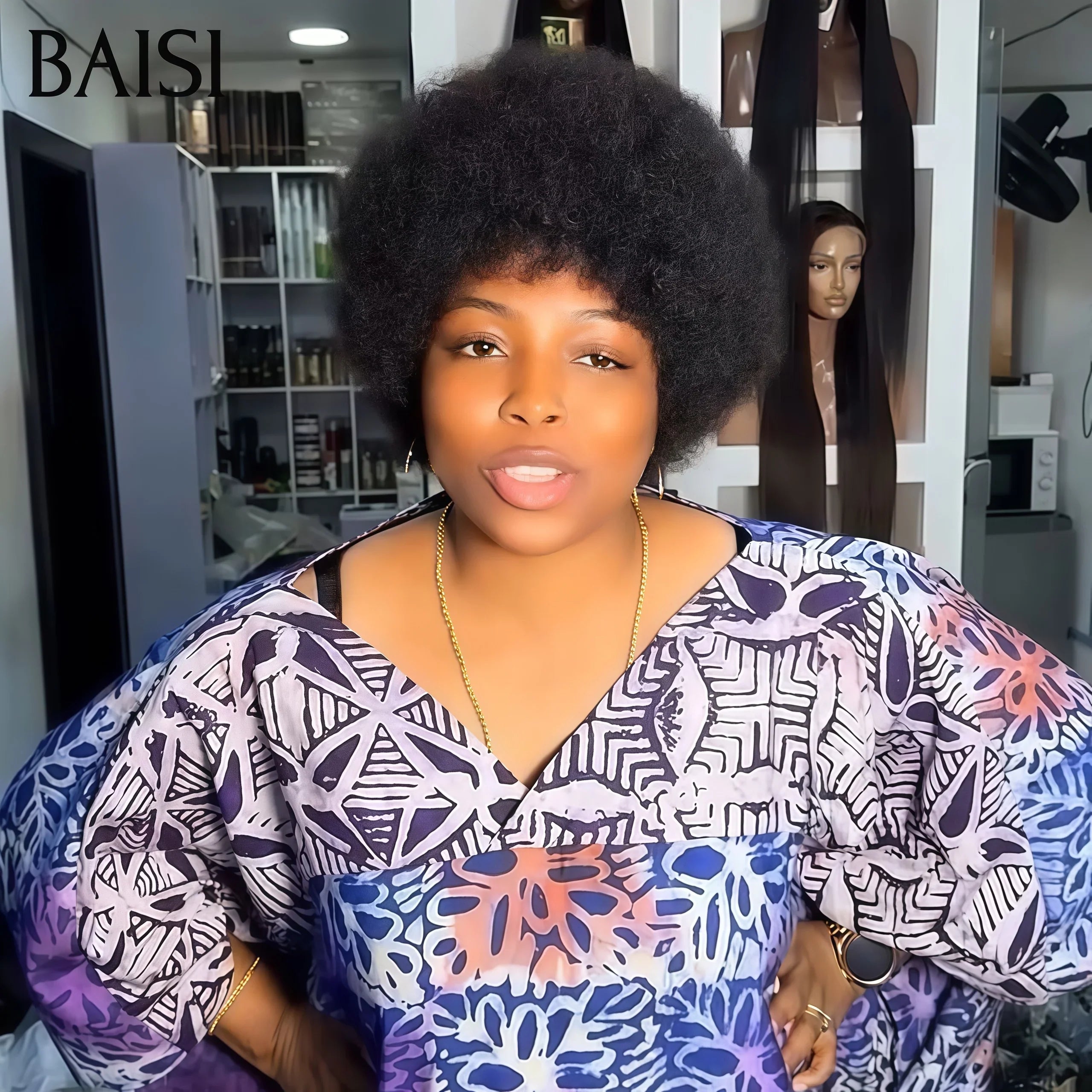 BAISI bob afro curly 45€ black without glue without lace in 100% Human Hair machine made FR38