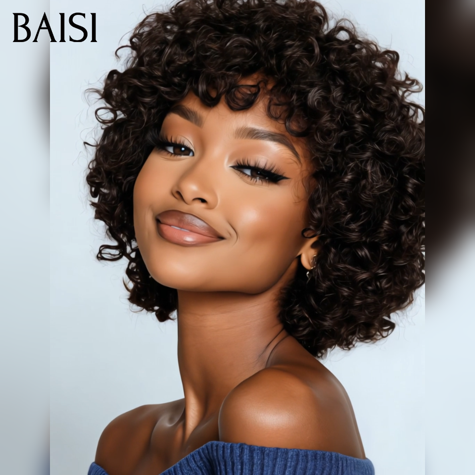 BAISI Perruque pixie Facile à porter curly wave sans Colle Fabriqué à la Machine NOIR Moitié Prix 69€ en 100% Cheveux Humains