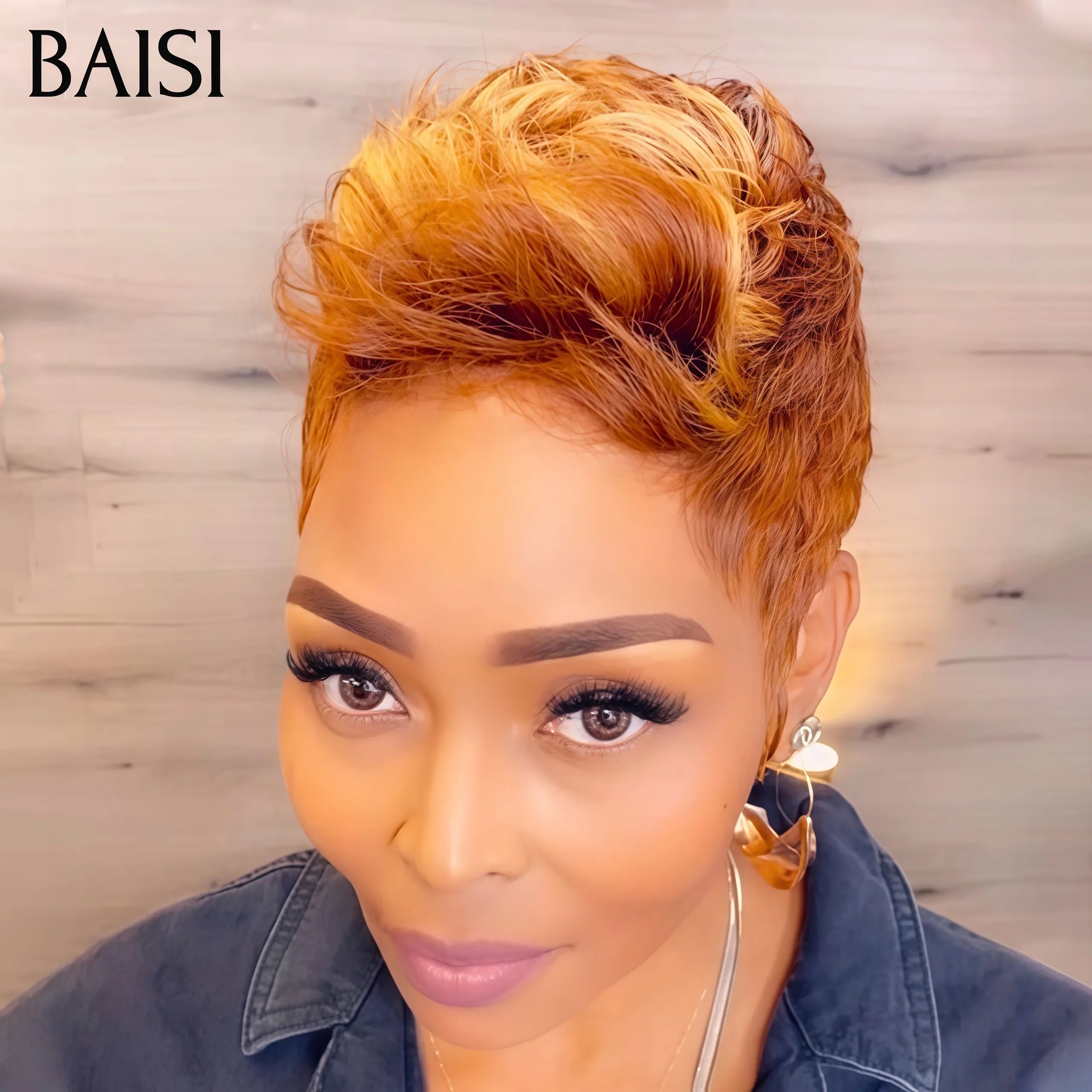 BAISI  13X4 lace Perruque Pixie vague Coiffure en Couleurs personnalisées orange 6 Pouces Naturelle wave 109€ en 100% Cheveux Humains BS60