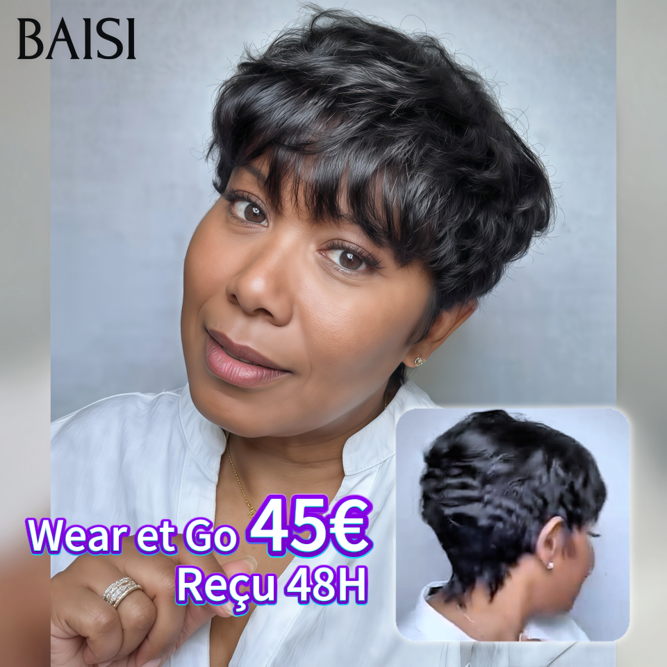 BAISI Wear et Go 45€ en France Perruque pixie straight Fabriqué à la Machine Promotion en couleur NOIR en 100% Cheveux Humains