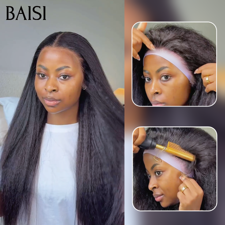 BAISI Perruques Lace Frontale kinky straight Sans Colle lace déjà coupée en NOIR en 100% vrais cheveux humains hair