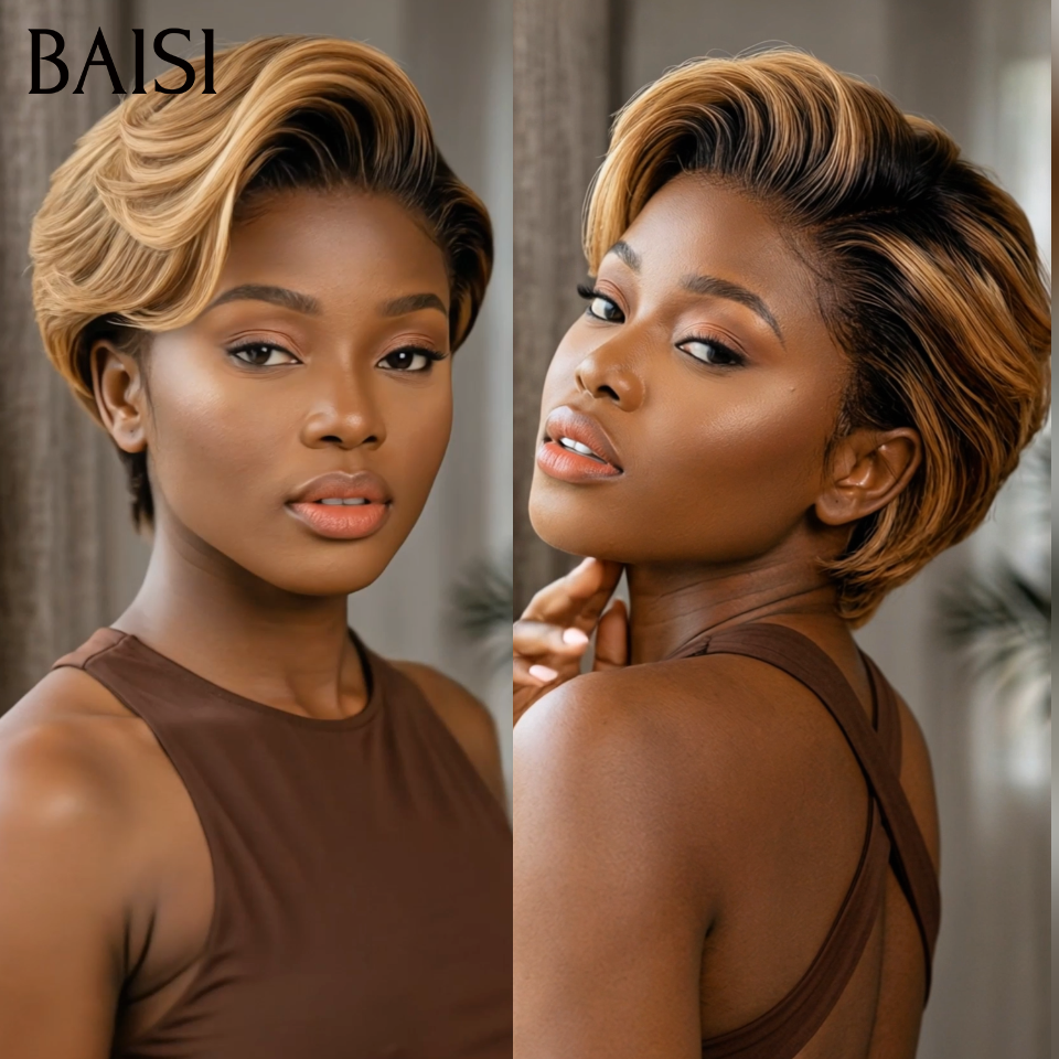 BAISI Offre Flash 13x4 Perruque Pixie boucles en mixte miel ou Noir Moitié Prix 50€ 200% densité Orange Pixie Coupe Pré-plucked 100% Cheveux Humains MP50
