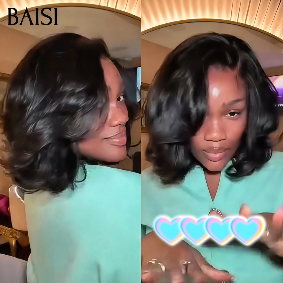 BAISI  4x4 lace closure body wave 10 pouces sans colle ou 13X4 Lace Frontal Perruque Coupe Pixie en noir 100% Cheveux Humains