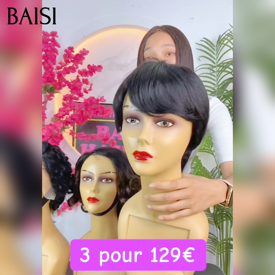 BAISI 3 perruques 129€ aujourd'hui 13x4 curly wave pixie et 5x5 lace egg wave et Sans Colle pixie ou PROMO Moitié Prix 49€ Perruque T Part Lace Pixie En Couleur Marron 4# en 100% Cheveux Humains MP50