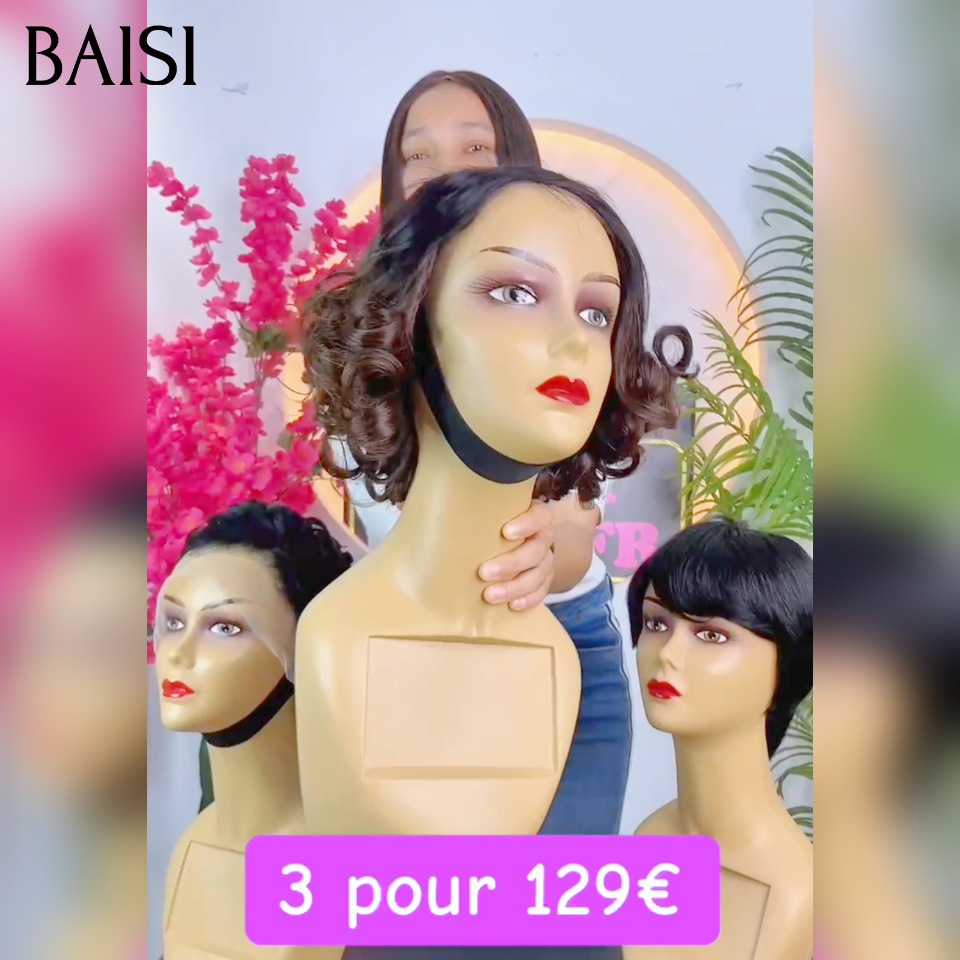 BAISI 3 perruques 129€ aujourd'hui 13x4 curly wave pixie et 5x5 lace egg wave et Sans Colle pixie ou PROMO Moitié Prix 49€ Perruque T Part Lace Pixie En Couleur Marron 4# en 100% Cheveux Humains MP50