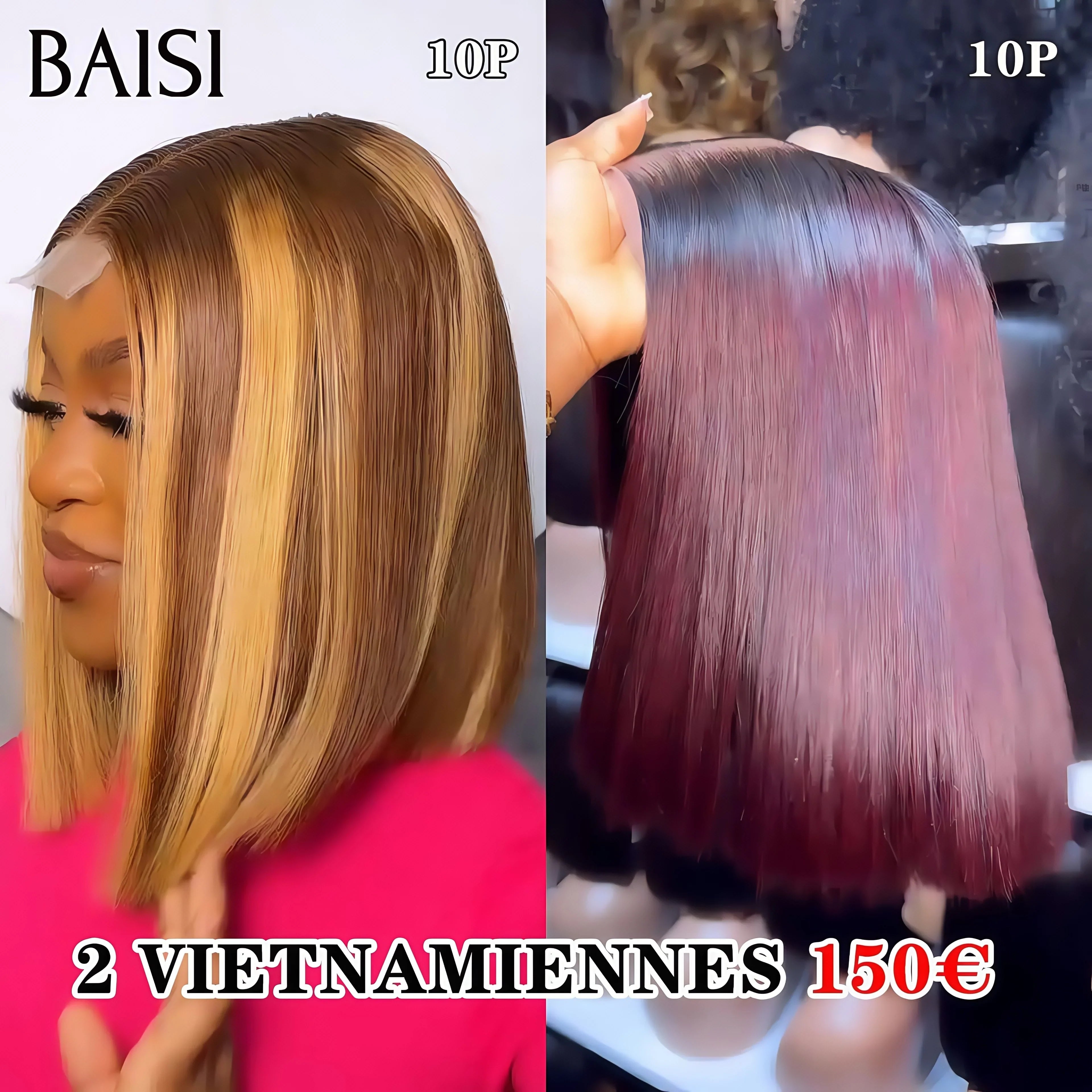 BAISI Lot de 2 perruques PROMOTION Vietnamiennes 150€ 2X6 lace lisse bob 10 pouces 250% Densité Mixte ou 99J# en 100% vrais cheveux humains BS65