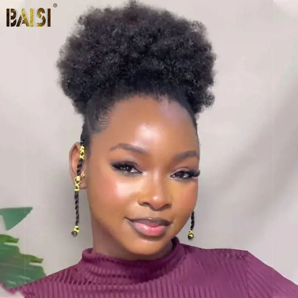 BAISI mezza parrucca coda di cavallo extension chignon 12 pollici € 109 in colore nero KINKY AFRO in capelli umani al 100% BS120