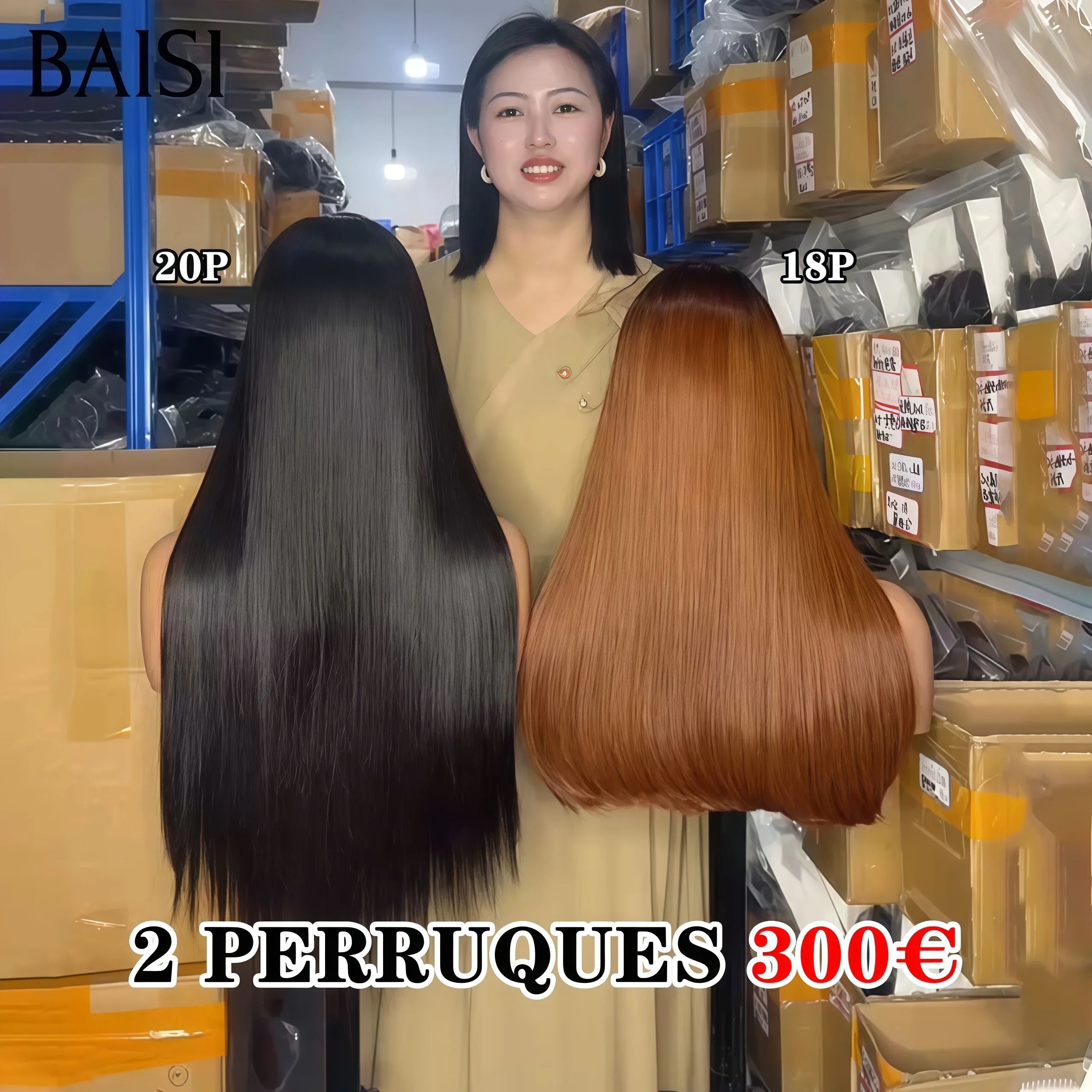 BAISI  2 Perruques pour revendre 300€ Vietnamiennes hair 2x6 Lisse 20 pouces couleur NOIR ou 18 Pouces 1B30# 250% densité en 100% vrais cheveux humains