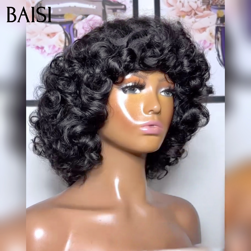 Parrucca caschetto BAISI con frangia Onda del corpo ondulata 12 pollici 100% capelli umani C