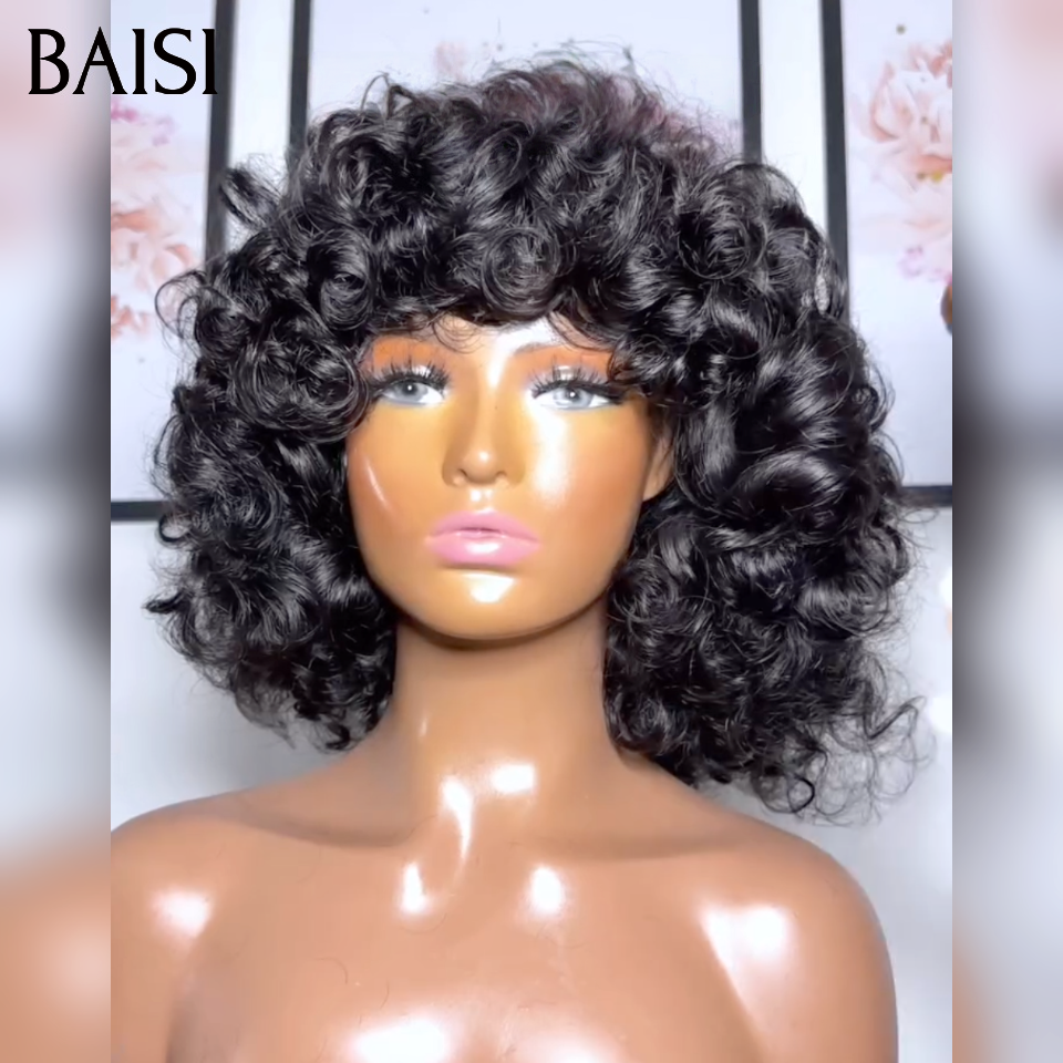 Parrucca caschetto BAISI con frangia Onda del corpo ondulata 12 pollici 100% capelli umani C