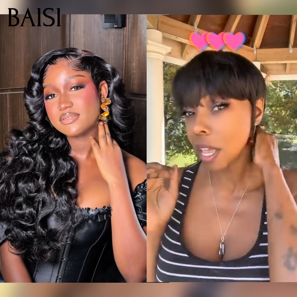 BAISI  2 Perruques 1 Longue + 1 Courte = 135€ Livraison 48H 13x4 lace frontale body wave 20 pouces et Pixie lisse perruques 100% vrais cheveux humians