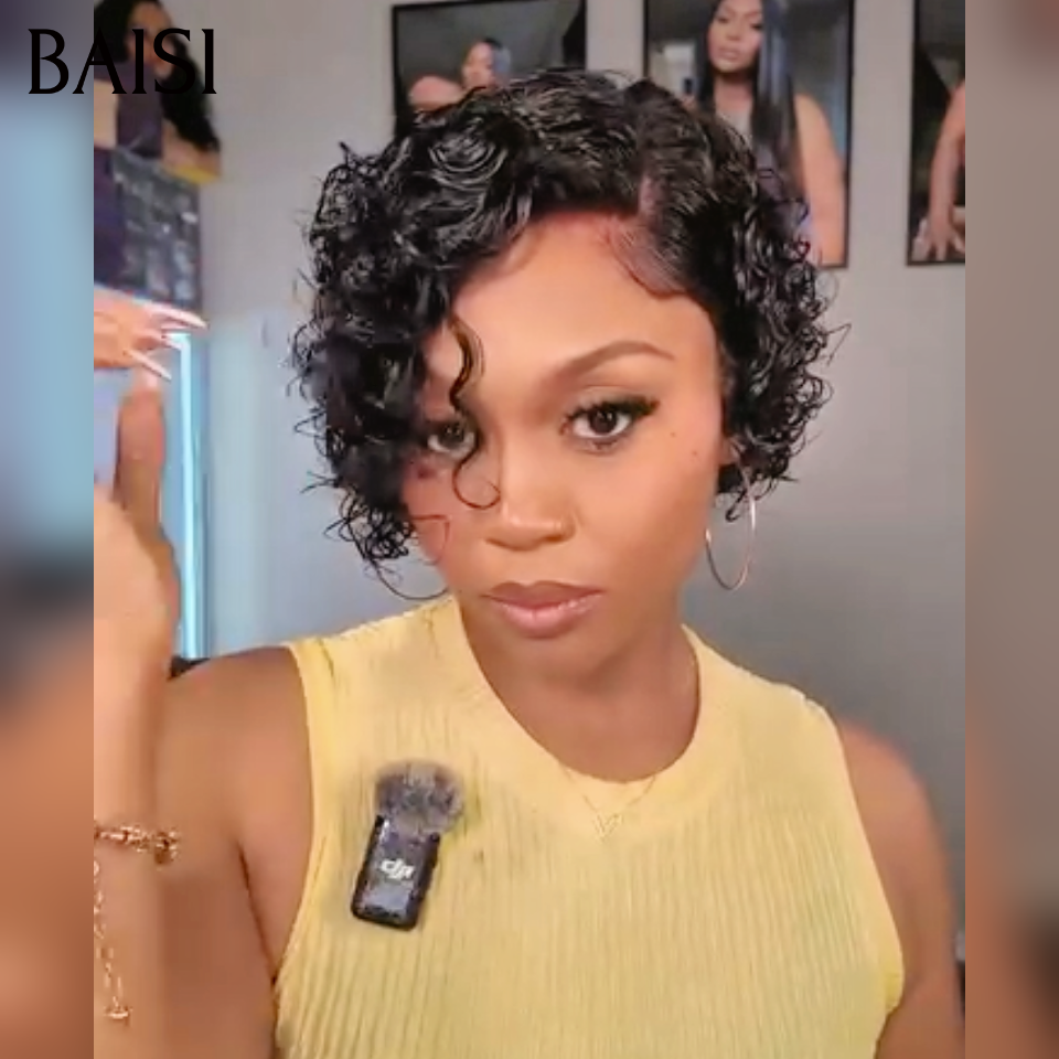 Promotion  Perruque pixie curly wave  39€  ou 4X4 closure curly wave noir 1B# perruque  10 pouces 69€ closure  en 100% Cheveux humain