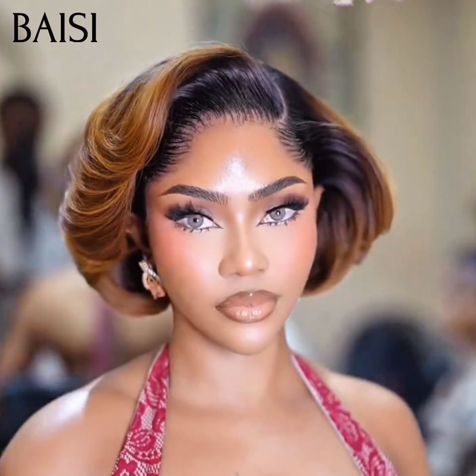 BAISI Peruca Pixie Liso, correspondência especial de cores, em castanho 1BT4# ou mistura laranja/vermelho Bordeaux 99J, em 100% cabelo humano