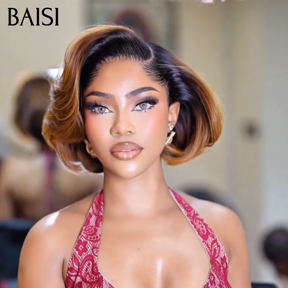 BAISI Peruca Pixie Liso, correspondência especial de cores, em castanho 1BT4# ou mistura laranja/vermelho Bordeaux 99J, em 100% cabelo humano