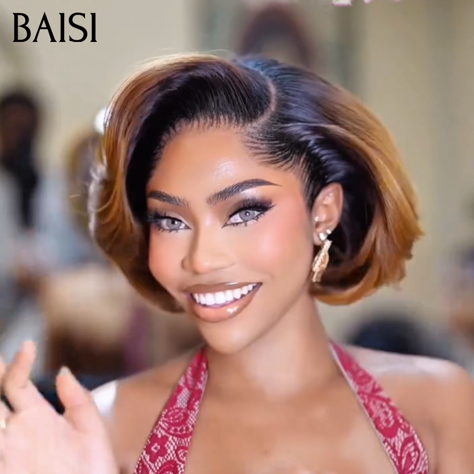 BAISI Peruca Pixie Liso, correspondência especial de cores, em castanho 1BT4# ou mistura laranja/vermelho Bordeaux 99J, em 100% cabelo humano