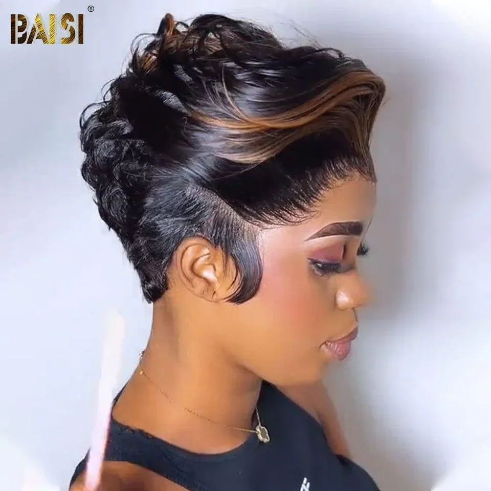 BAISI Peruca Full Lace 100% Cabelo Humano 13X4 Peruca Pixie 85€ Penteado Full Lace em Cor #1BMix30# em 100% Cabelo Humano