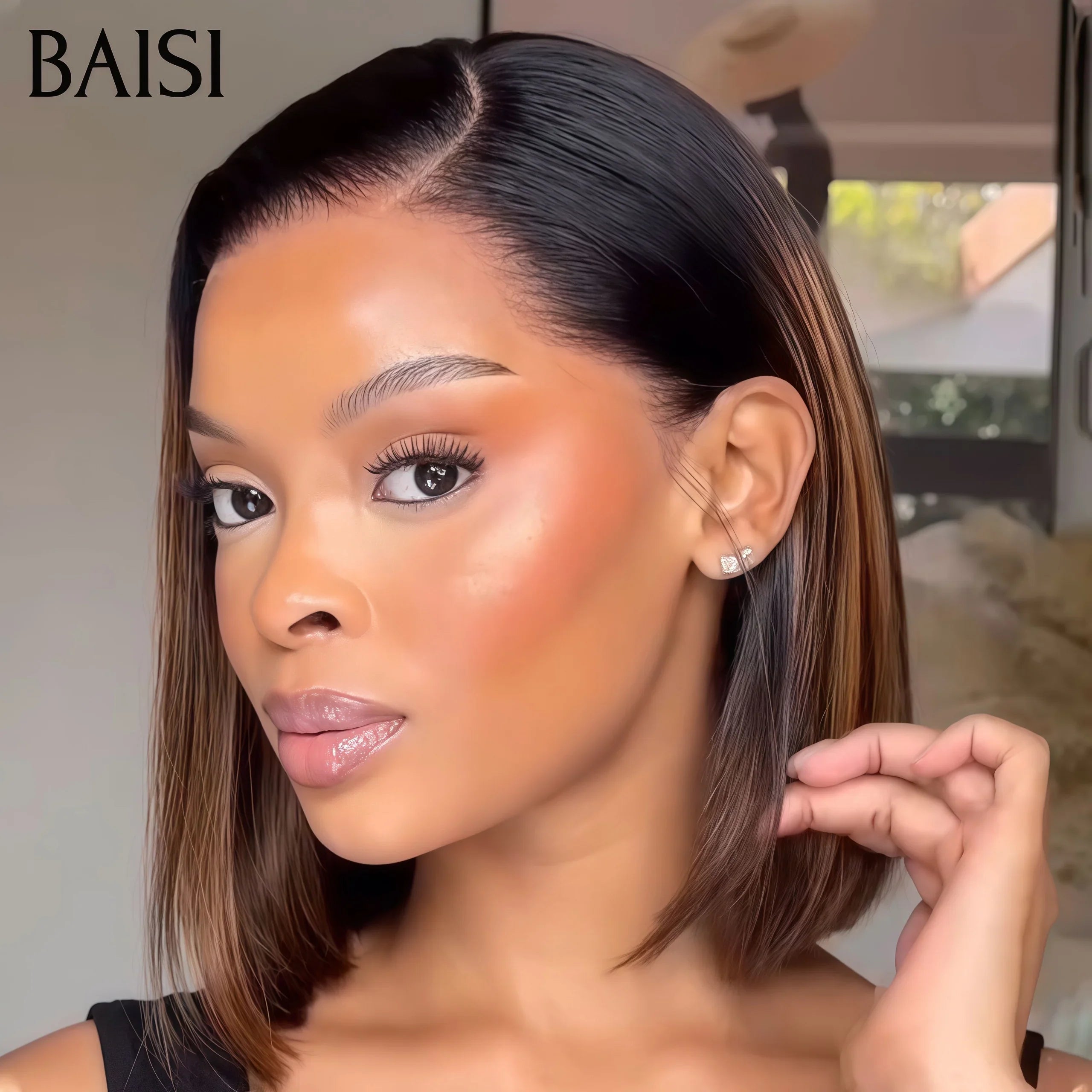 BAISI 13X4 Perruques 10 Pouces Lisse bob 98€ identique à la photo Facile à Porter 1B27# en 100% vrais cheveux humains Lace déjà couper