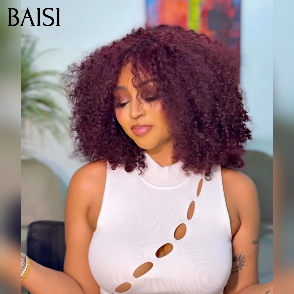 BAISI Perruque curly avec Frange 12 Pouces 85€ couleur 99J# bordeaux sans Colle ou 20 pouces densité 300% 249€ 13x4 lace en 100% Cheveux Humain Hair