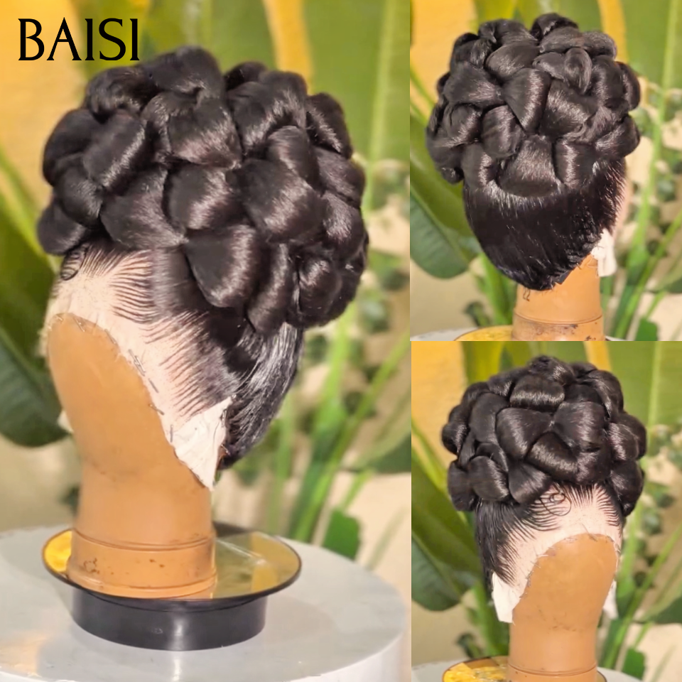 BAISI Perruques Coiffée avec noeud papillon Natte Promo 189€ en chignon bun 100% comme indiqué sur la photo NOIR Élégant et stylé En cheveux humains