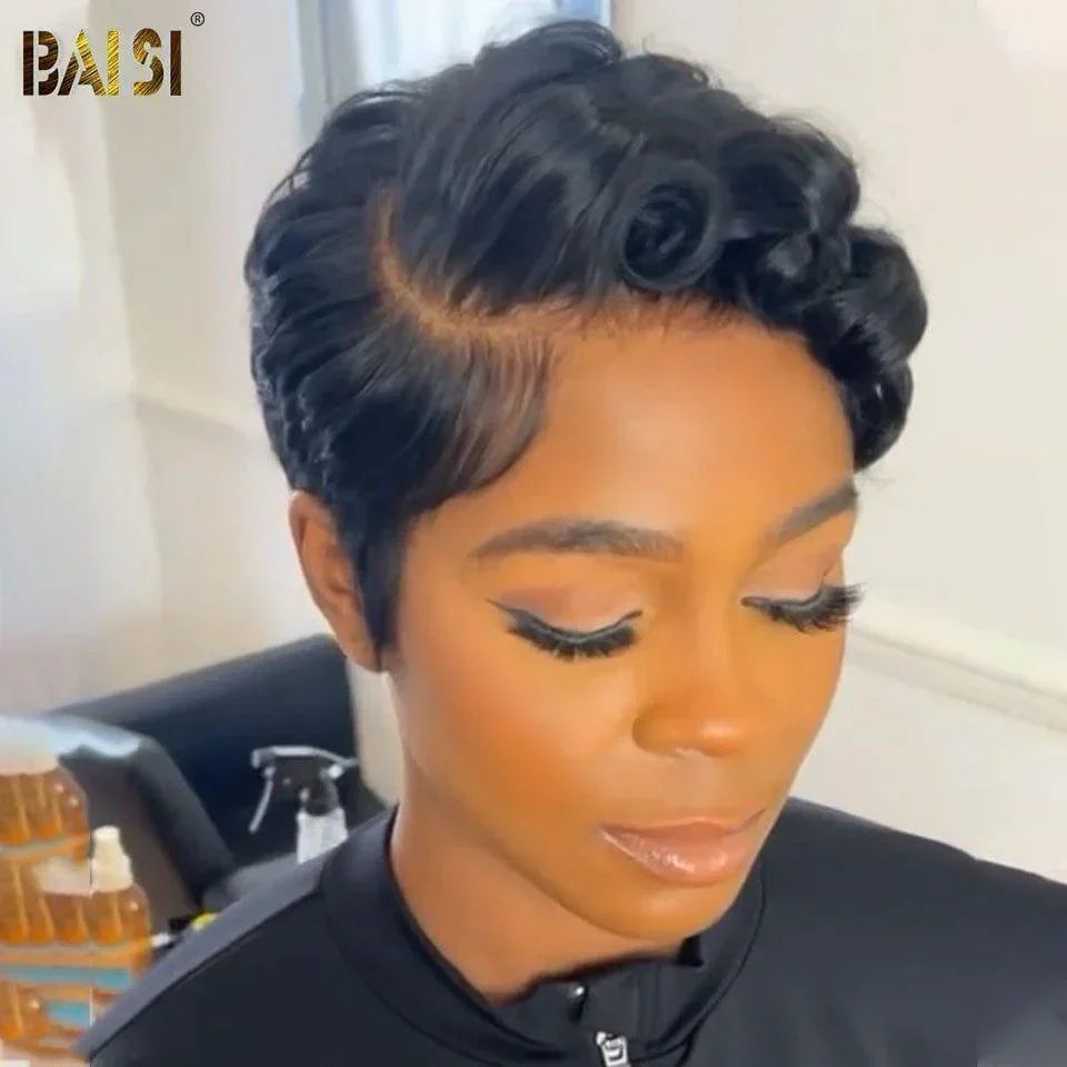 BAISI Parrucca Pixie Finger Wave taglio corto 13x4 Frangia in pizzo 6 pollici 79€ In 100% Capelli Umani