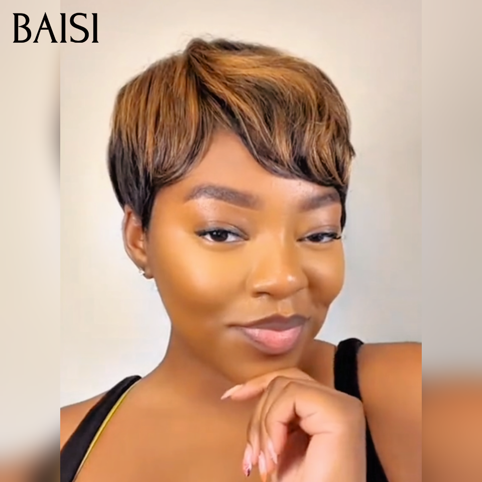 BAISI Perruque Fabriqué à la Machine Pré-plucked Pas Besoin de Colle Pixie PROMO 45€ en 100% vrais cheveux humains