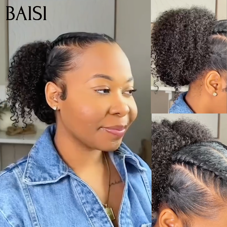 BAISI demi-perruque Prêt-à-porter extension chignon ponytail 16 Pouces 169€  En Couleur Noir kinky curly CURLY en 100% cheveux humains