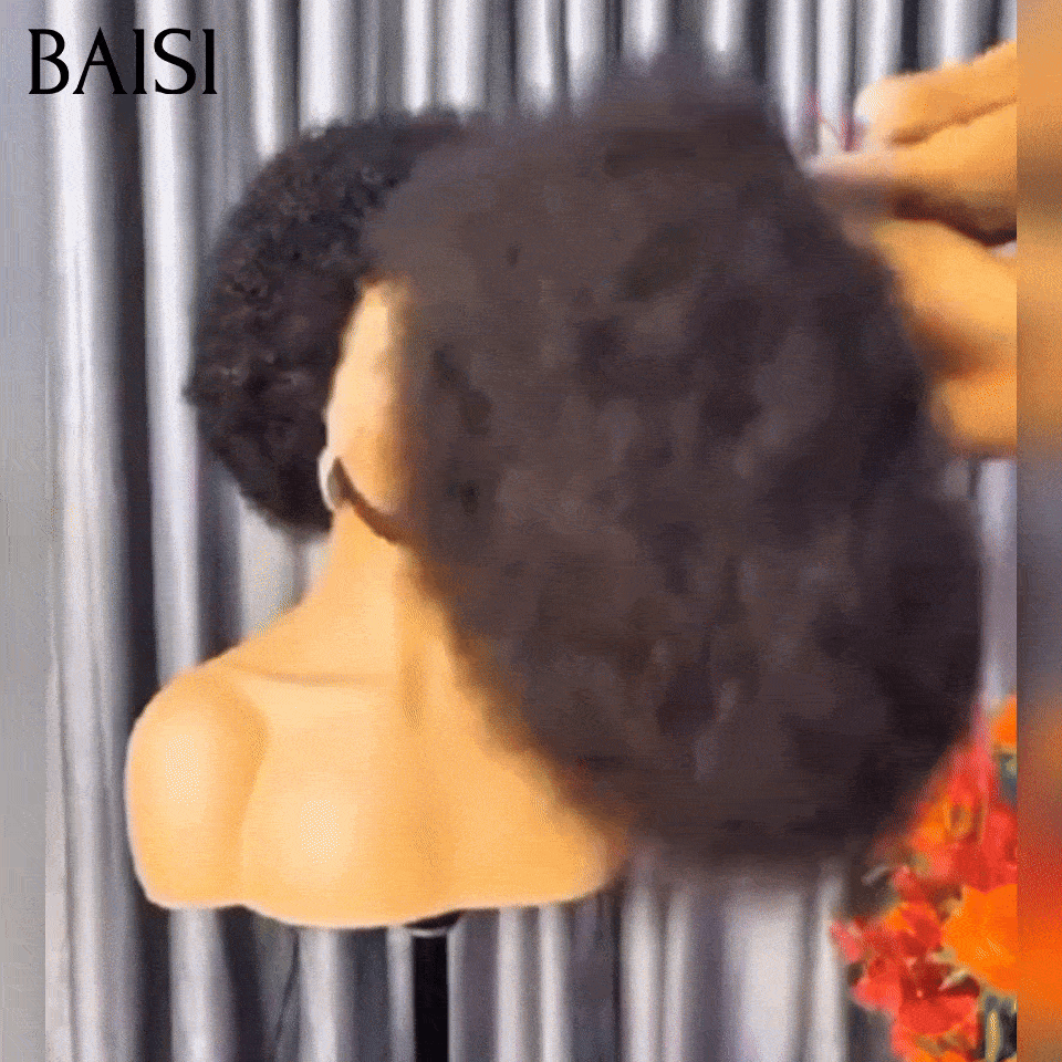 BAISI Achetez  perruques Afro avec frontale 13*4 lace 10 pouce Prix D'usine 68€ 200%Densité en 100% Cheveux Humains